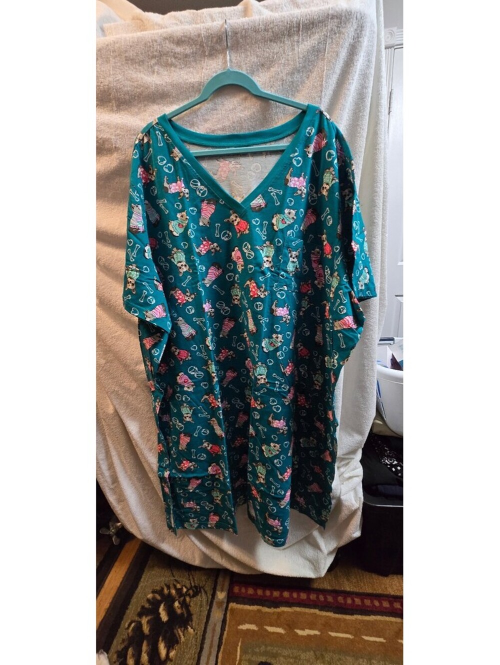 Dreams & co. Women's night gown sz 38/40 Turquoise with French Bulldog print